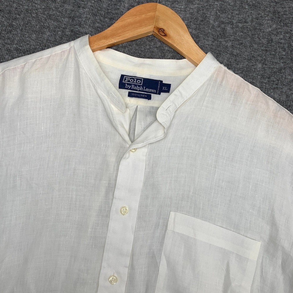 Vtg Polo Ralph Lauren Linen Shirt Men Extra Large Cream Band Collar Mandarin 90s